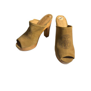 Size 7 Women's Coach Brown/ Tan Suede Peep Toe Clogs/ Chunky Wooden Heels